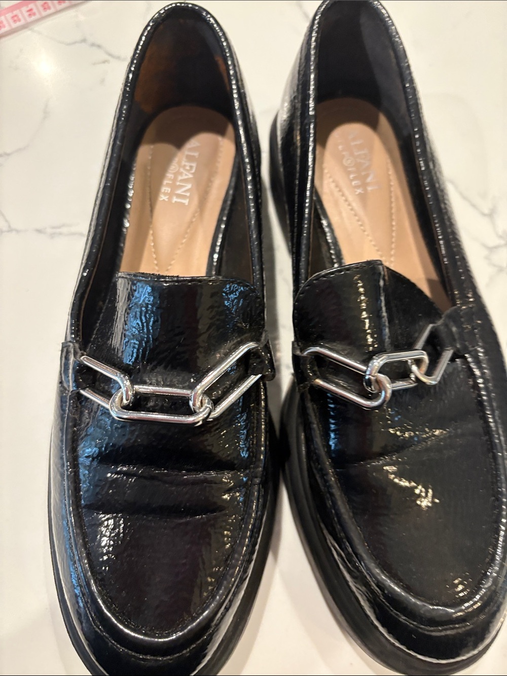 Alfani Black Patent Loafers with Silver Chain Accent